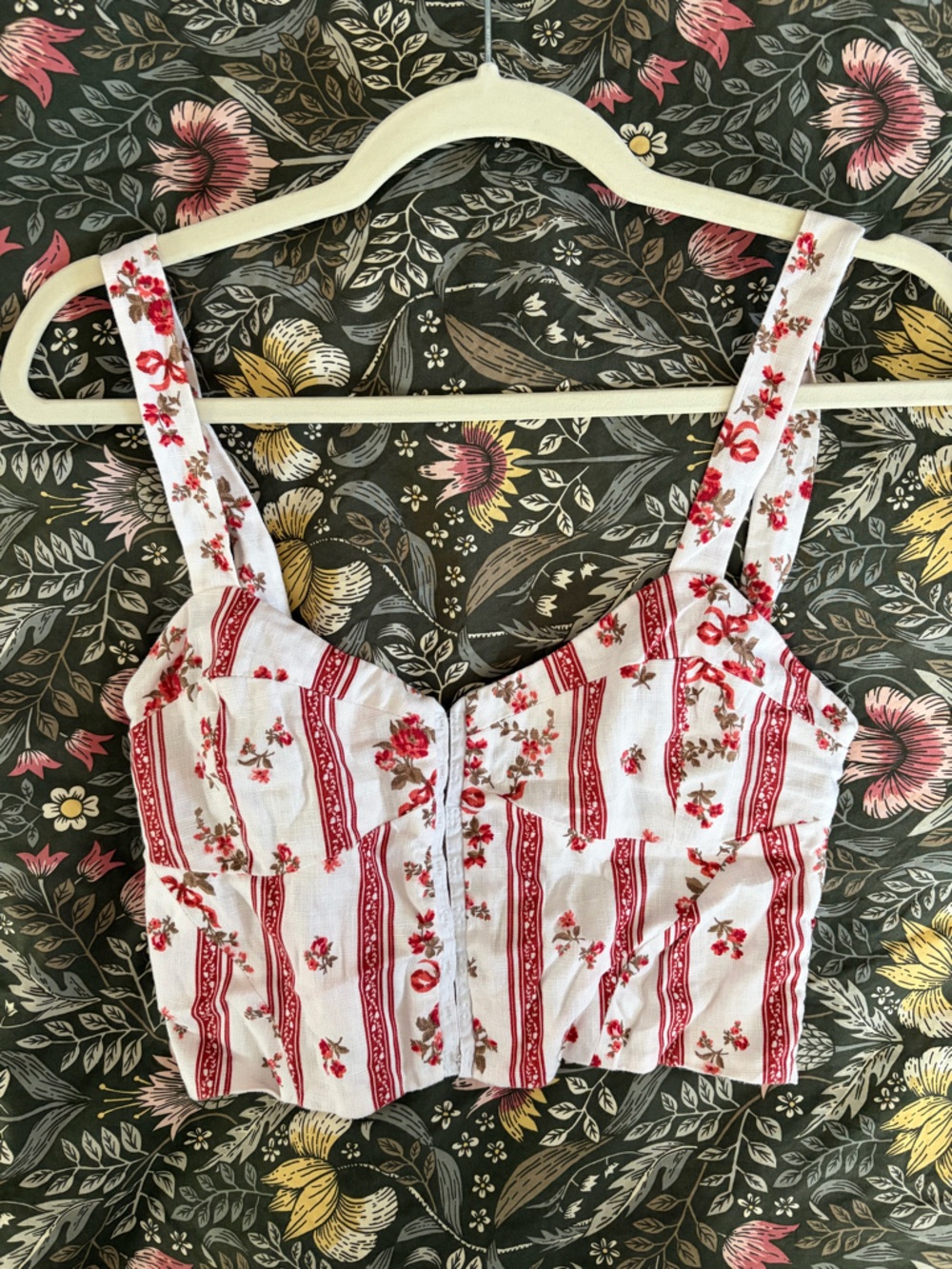 Reformation Top Linen Floral Stripe Crop Tank Tailored Corset White Red 8